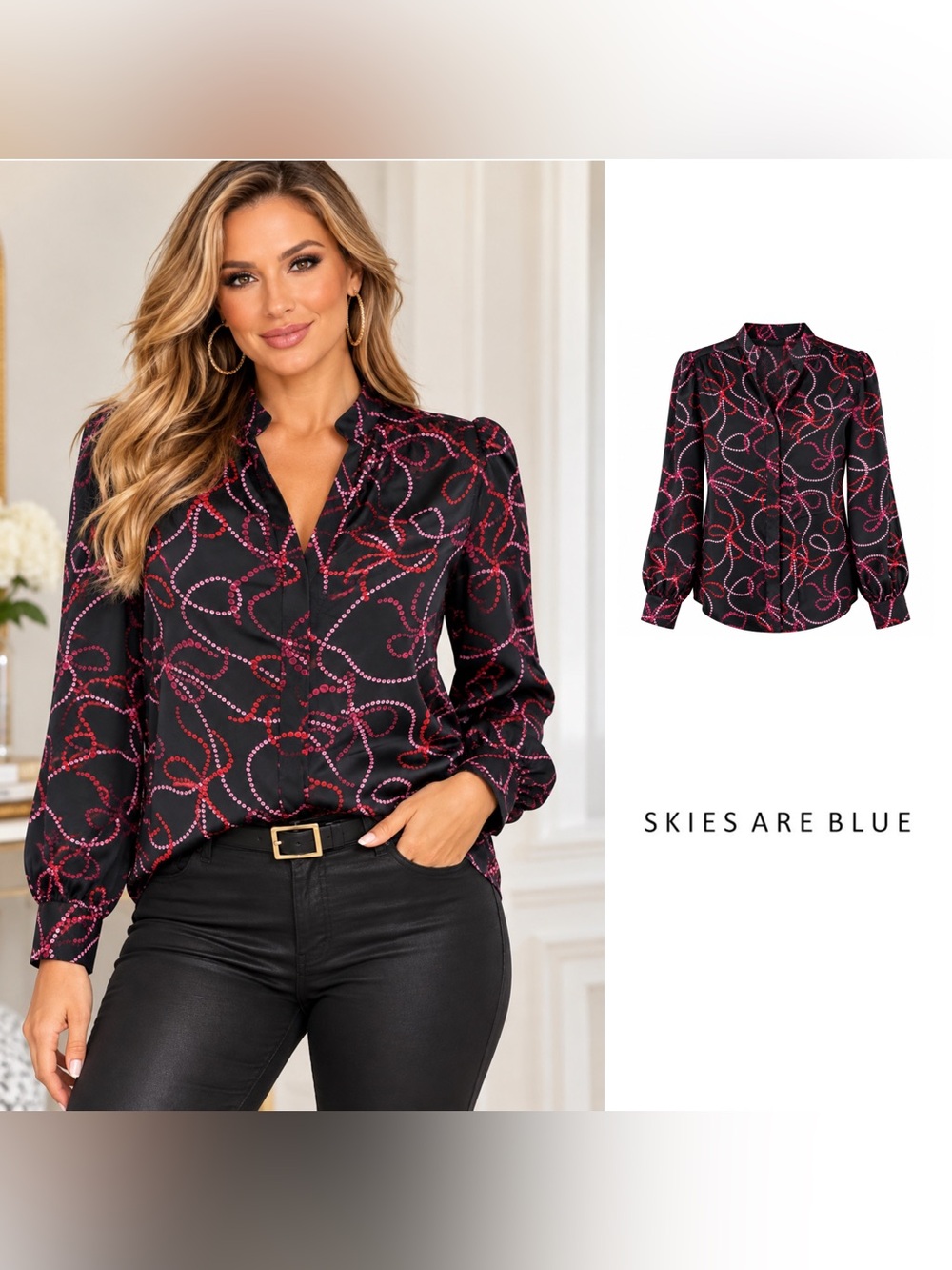NEW Skies Are Blue Black Satin Button-Down Blouse with Pink Chain Print